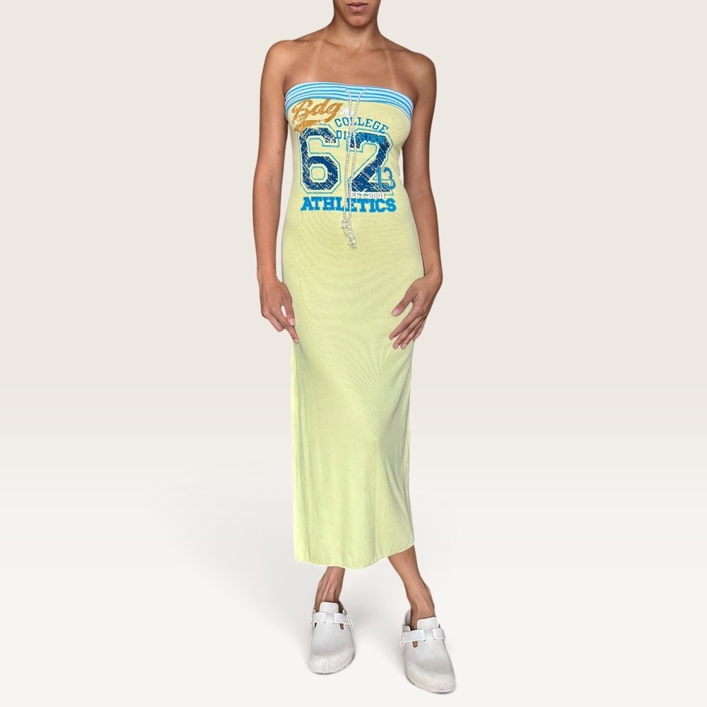 Urban Outfitters BDG Yellow Ribbed Tube Maxi Dress Small Y2K Collegiate Graphic